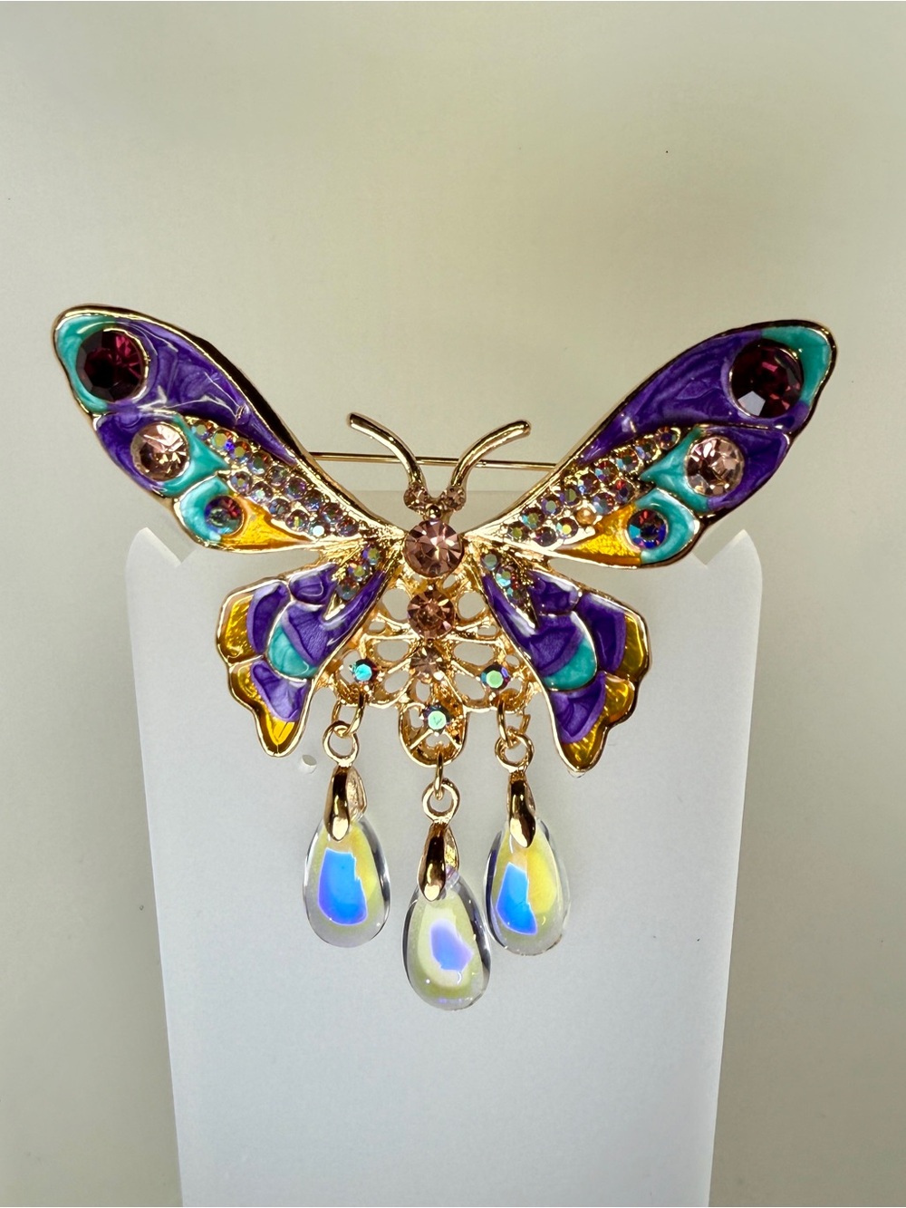 Forest Fairy Purple & Teal Butterfly Brooch with Iridescent Crystal Drops